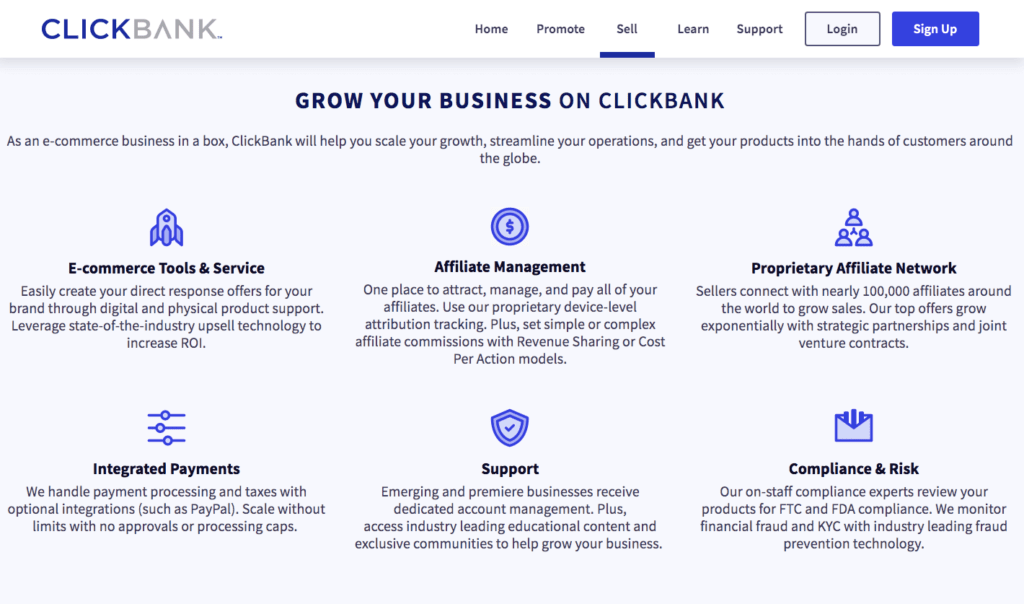 ClickBank's features page displays deep blue text on a cool blue background. Features listed are: ecommerce tools and service, affilliate management, proprietary affiliate network, integrated payments, support, and compliance & risk.