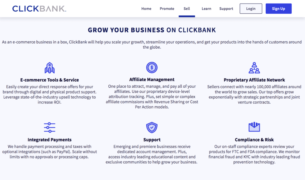 La page des caractéristiques de ClickBank affiche un texte bleu foncé sur un fond bleu froid. Les caractéristiques énumérées sont les suivantes : outils et services de commerce électronique, gestion des affiliés, réseau d'affiliés propriétaire, paiements intégrés, assistance, conformité et risque.