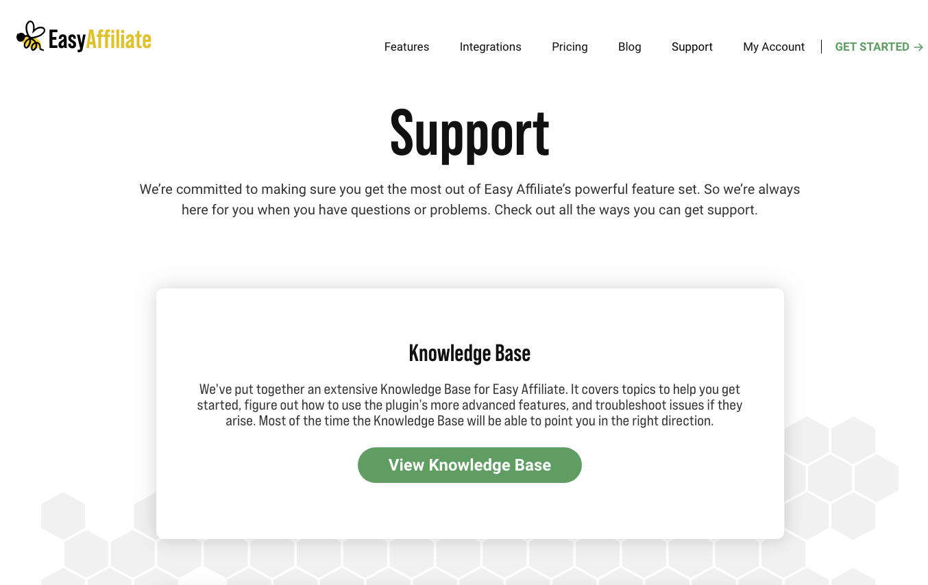 The Easy Affiliate bumble bee logo is in the upper left hand corner in yellow and black. There is a faded honeycomb background behind the button for "View the knowledge base."