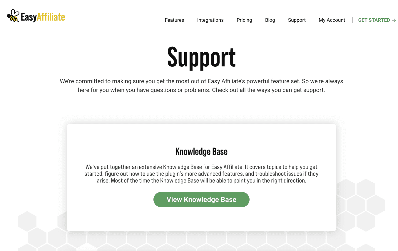 O logotipo da abelha da Easy Affiliate está no canto superior esquerdo, em amarelo e preto. Há um fundo de favo de mel desbotado atrás do botão "View the knowledge base".