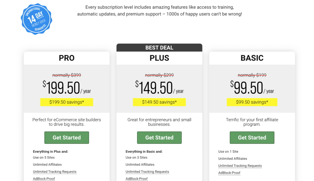 Easy Affiliate's pricing page displays the three different subscription plans with yellow highlighted savings and green 
