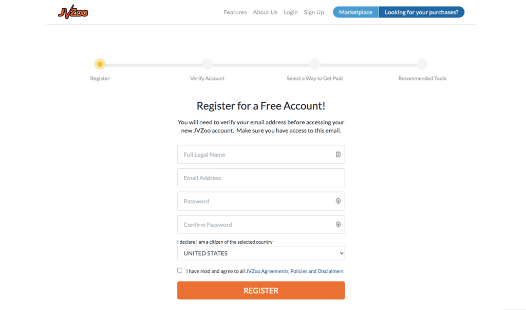 JVZoo's sign up page displays a registration form that can be completed in four simple steps. Fill-form requires your name, email address, and password creation.