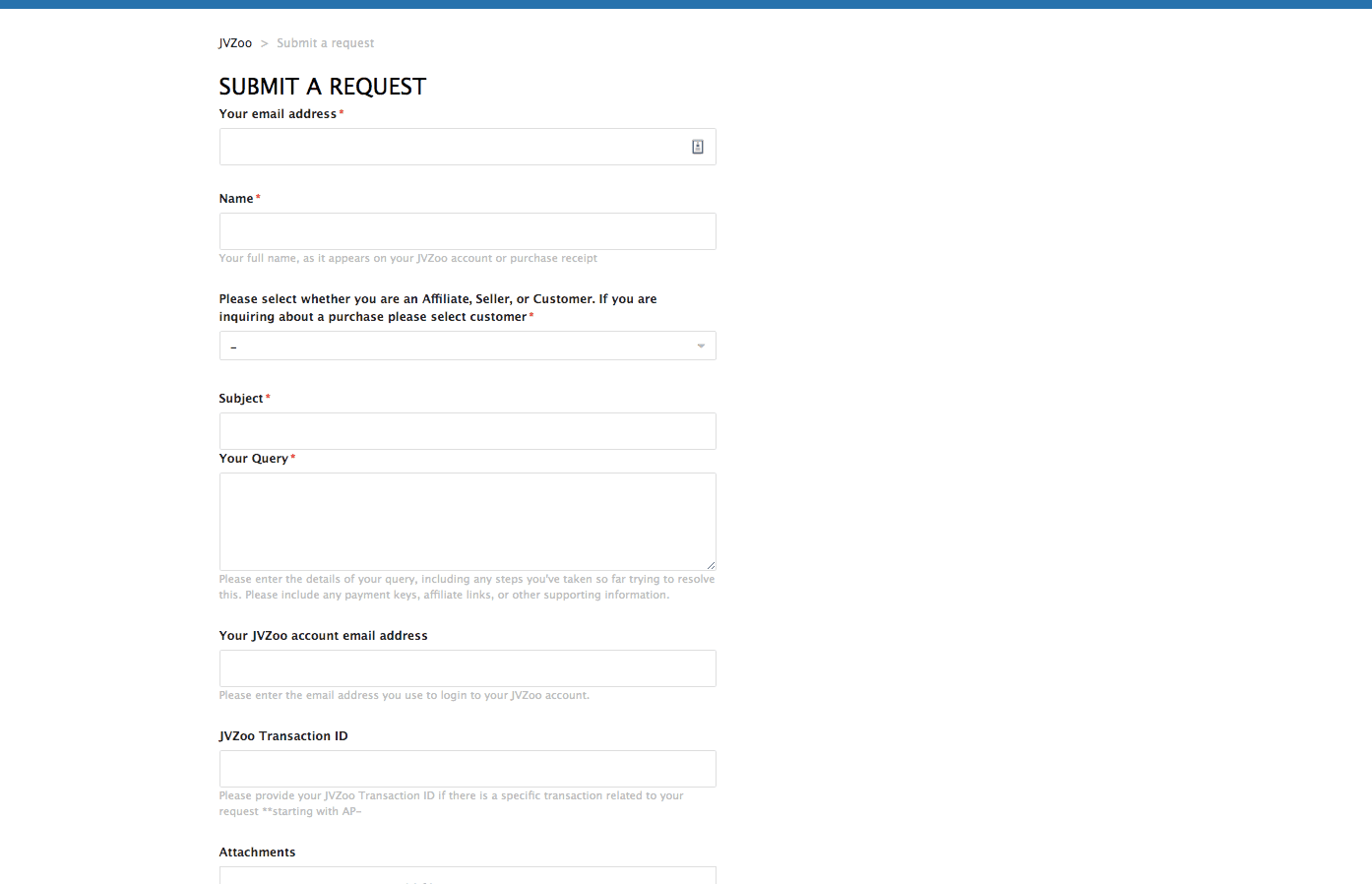 La page de ticket d'assistance de JVZoo demande des informations détaillées telles que le nom, l'adresse e-mail, l'identifiant de la transaction, et plus encore.