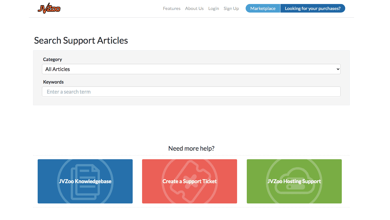 JVZoo's Support-Seite. Oben können Sie "Support-Artikel suchen". Darunter befinden sich drei rechteckige Schaltflächen (blau, rot, grün), die "JVZoo Knowledgebase, Create a Support Ticket und JVZoo Hosting Support" anzeigen.