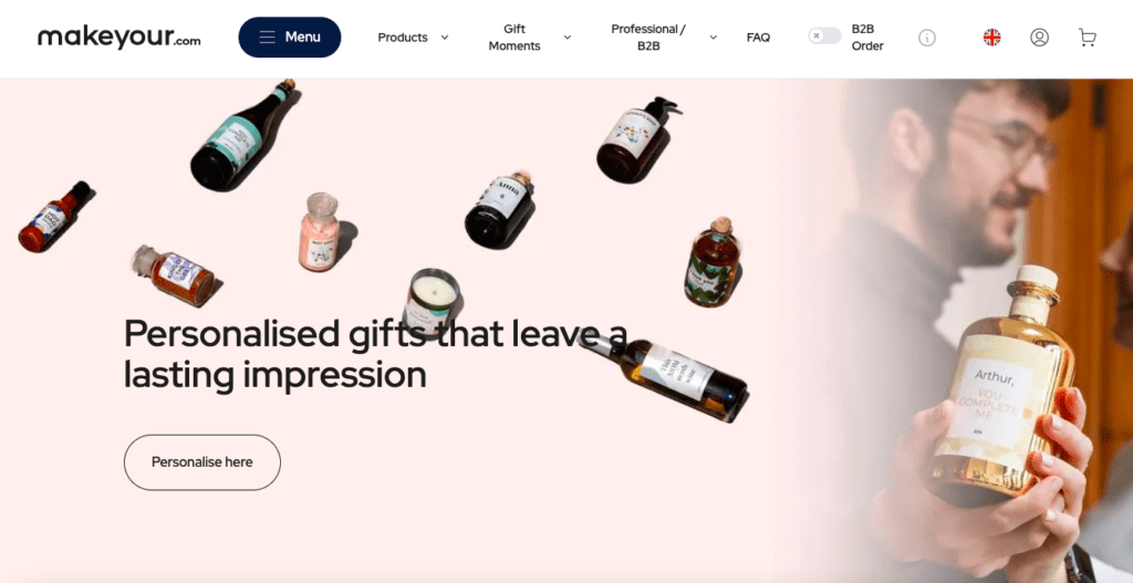 Captura de pantalla de makeyour.com, una empresa de comercio electrónico que vende regalos personalizables.
