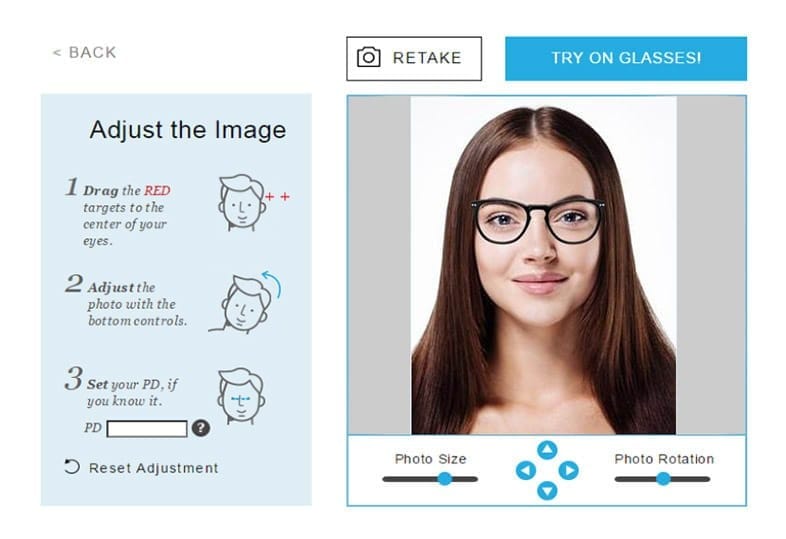 Interfaz que permite probarse las gafas virtualmente