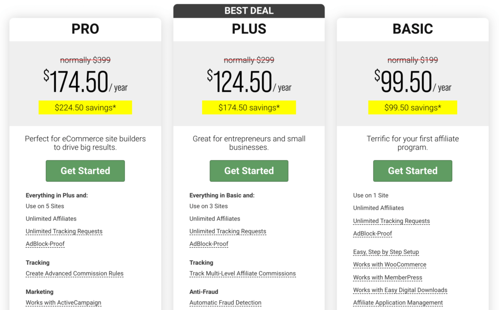 The Easy Affiliate pricing plan. 