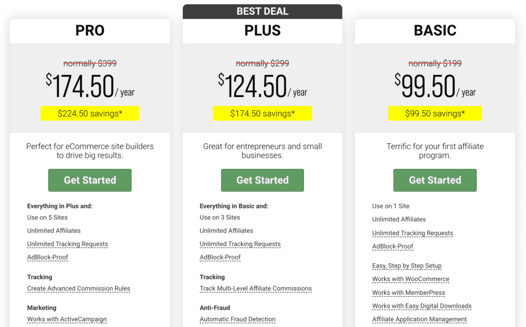 The Easy Affiliate pricing plan. 