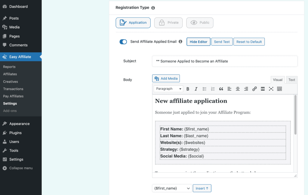 The affiliate application process email.