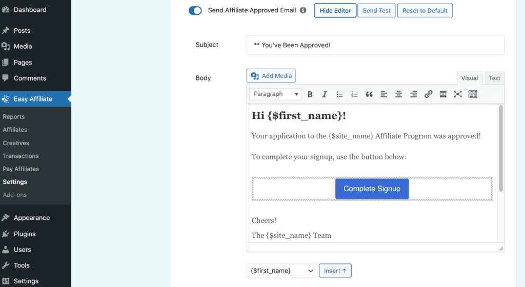 Correo electrónico de aprobación de la solicitud por defecto de Easy Affiliate.