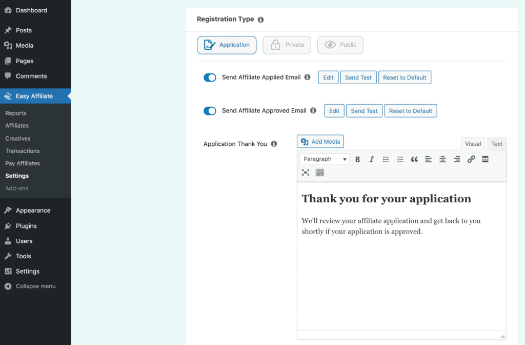 As configurações do processo de inscrição de afiliados da Easy Affiliate.