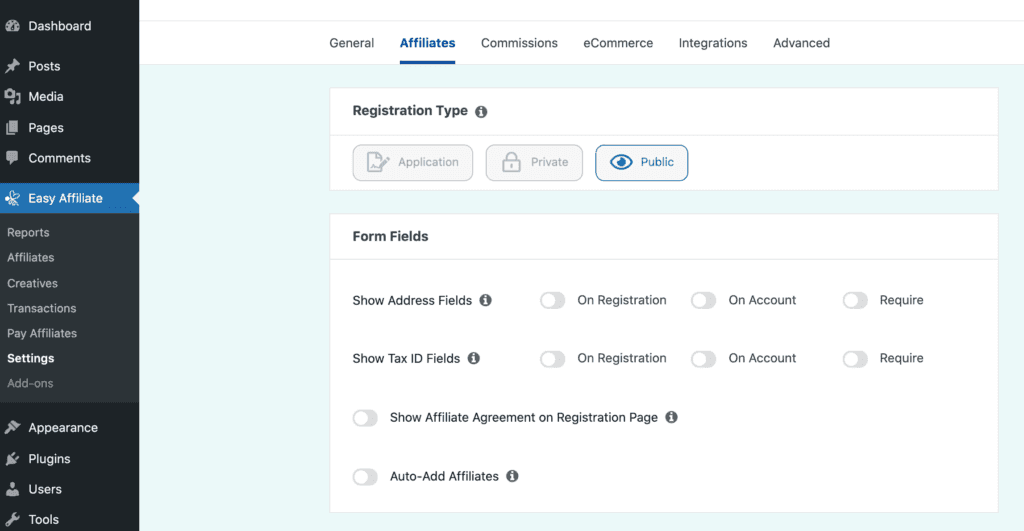 Configuración de registro público por defecto de Easy Affiliate.