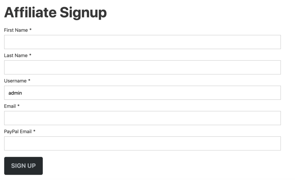An example affiliate signup form. 