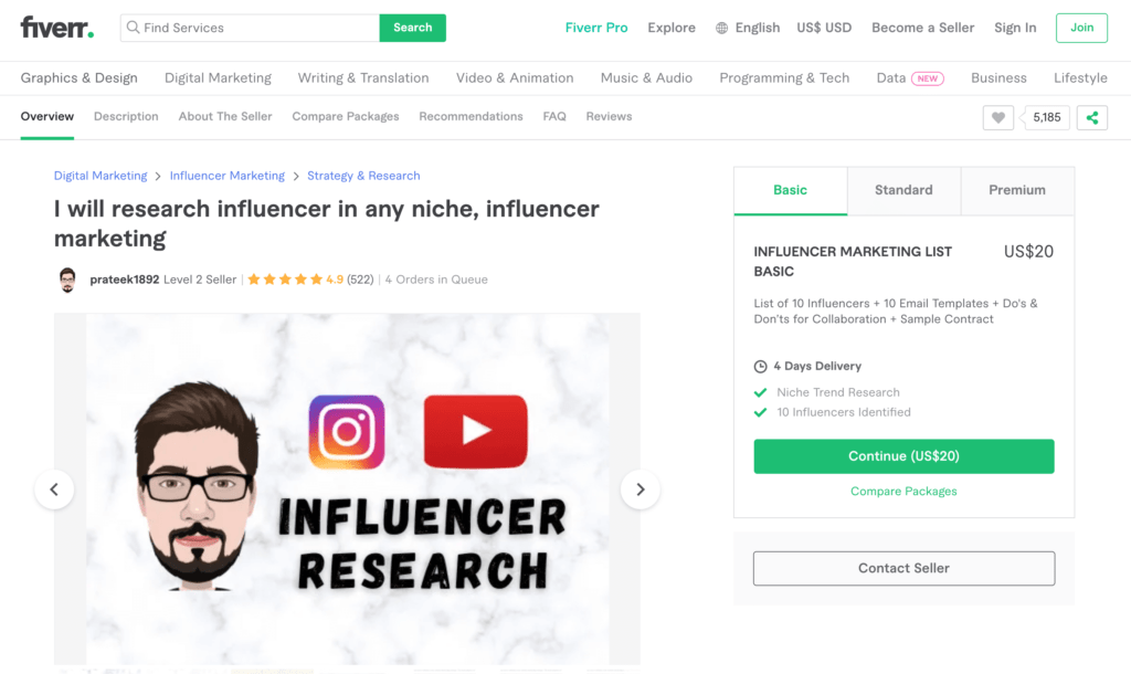 An example of an influencer researcher, on the Fiverr marketplace.