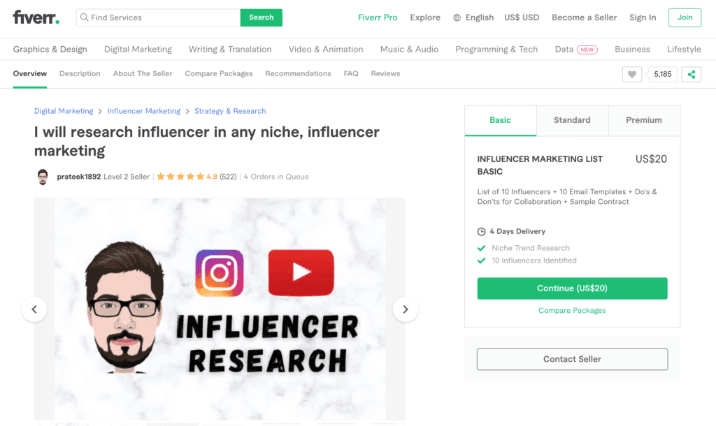 An example of an influencer researcher, on the Fiverr marketplace.