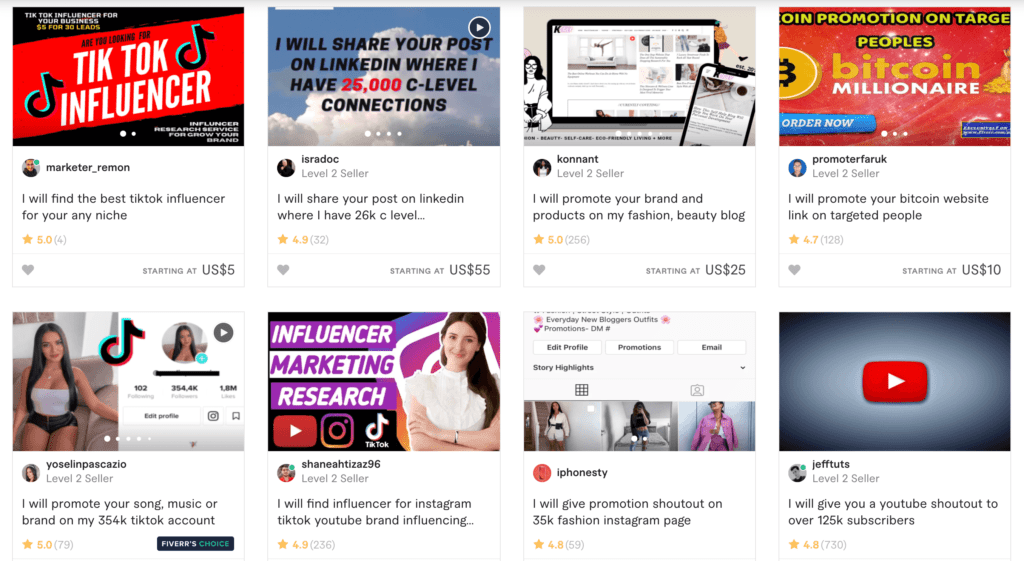 You can connect with countless influencers via the Fiverr marketplace.
