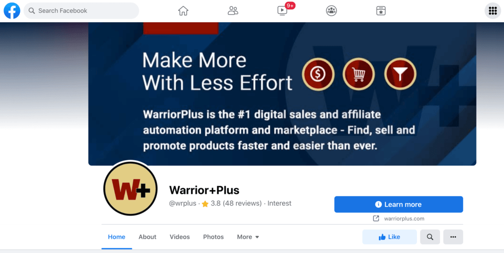 The WarriorPlus Facebook page.
