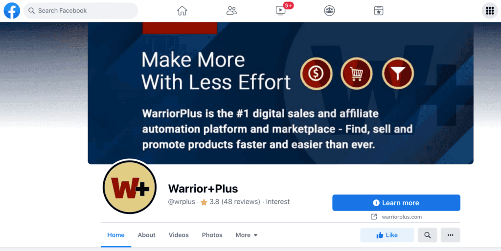 La page Facebook de WarriorPlus.