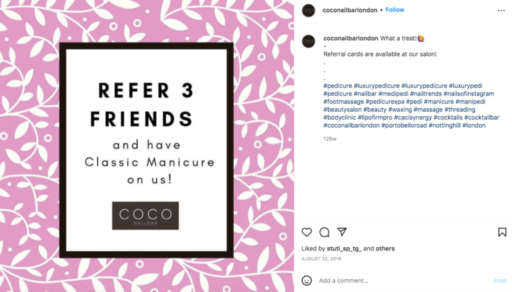 CoCo Nail Bar referral program on Instagram