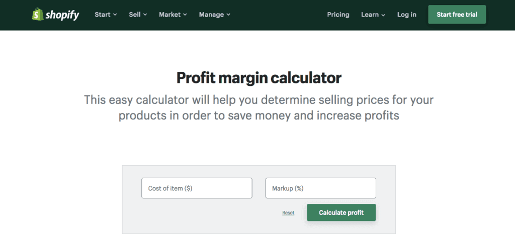 Calculadora de margem de lucro da Shopify