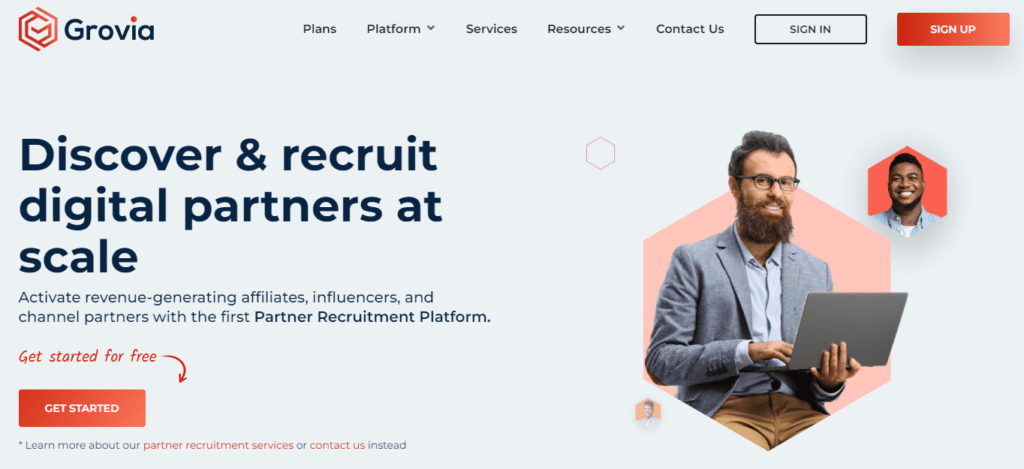 Página de destino da plataforma de recrutamento de parceiros Grovia