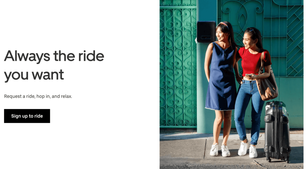 Uber Rides homepage.