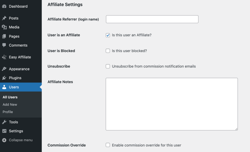 Easy Affiliate's commission override feature.