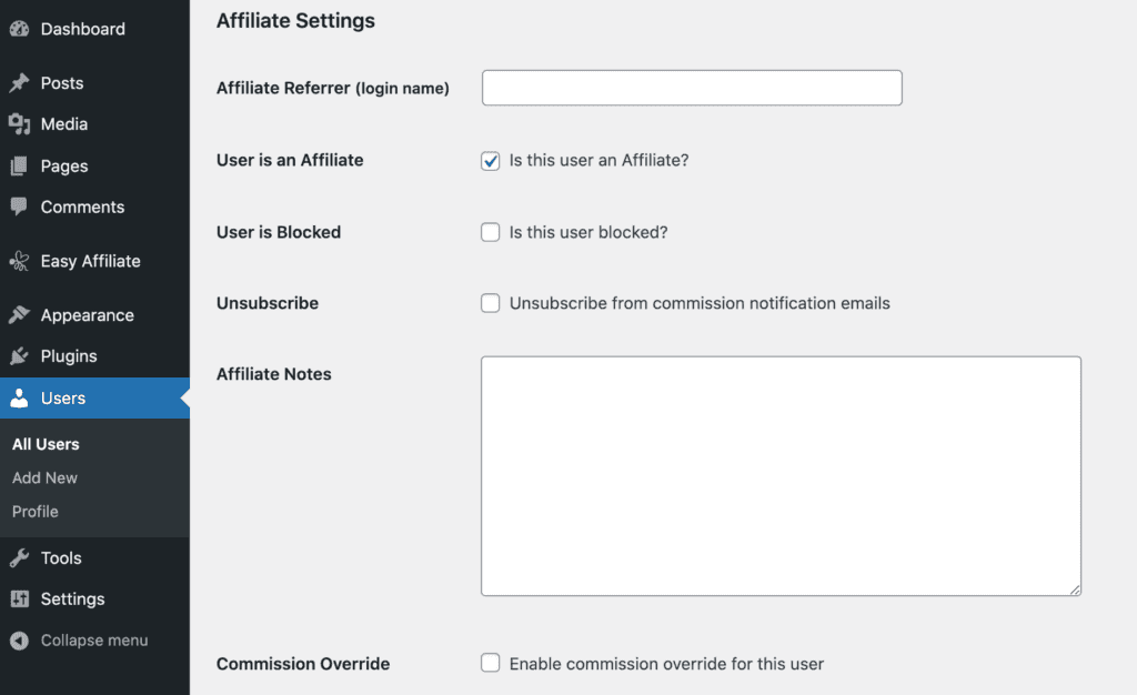 Die Provisionsüberschreibungsfunktion von Easy Affiliate.