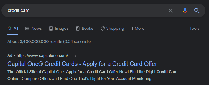 Captura de tela da pesquisa do Google "Cartão de crédito" resultado de anúncio pago
