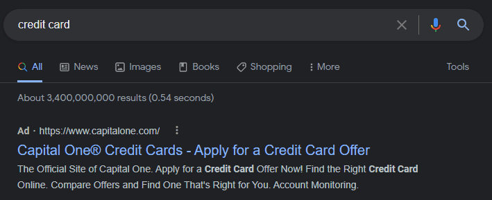 Capture d'écran du résultat de l'annonce payante "carte de crédit" dans la recherche Google