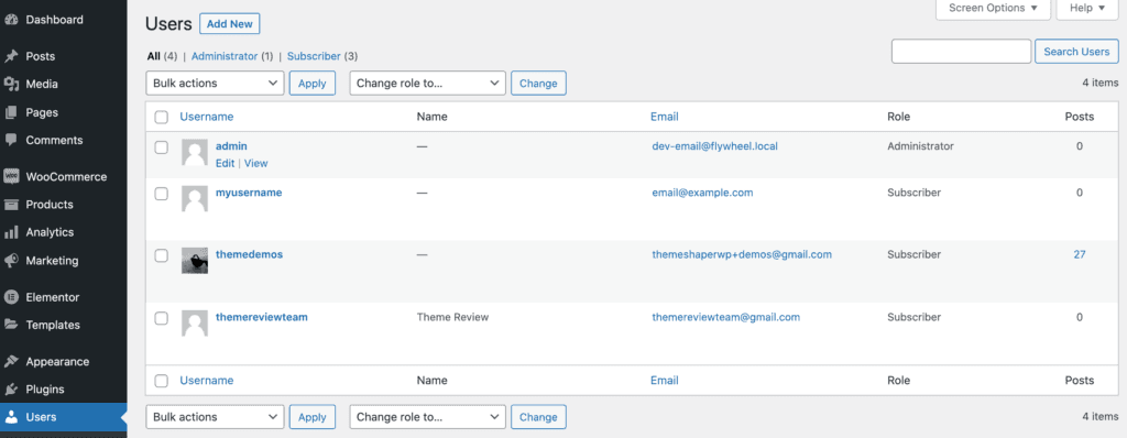 A selection of user accounts, in the WordPress dashboard. 