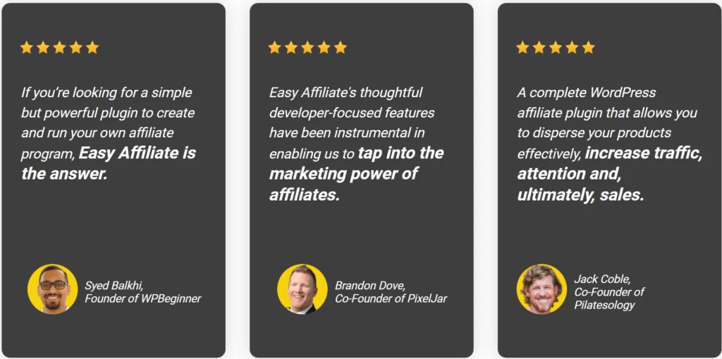 easy-affiliate-customer-testimonials | Easy Affiliate Customer testimonials can help identify partners for referral marketing.