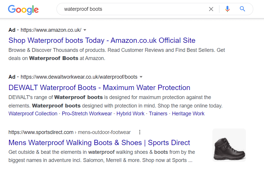 Example of ads in search results