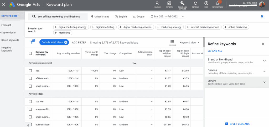 Google Keyword-Planer mit Keyword-Suche 