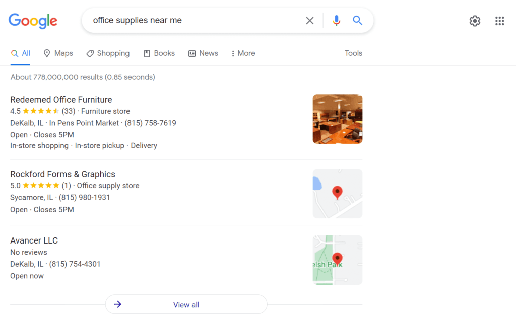 A local Google search for "office supplies near me".