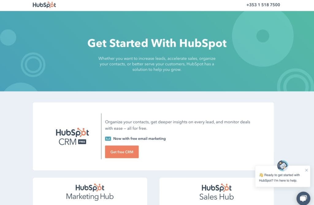 Page d'accueil de Hubspot. Un exemple de programme d'affiliation Saas