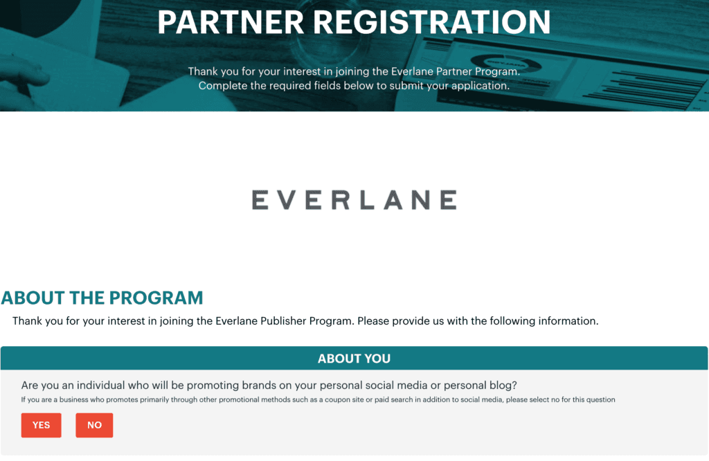 Proceso de solicitud de afiliación a Everlane