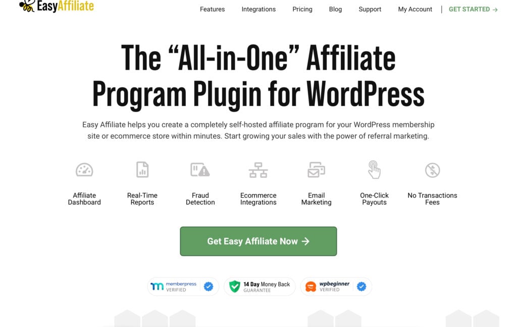 Image of main page for Easy Affiliate “All-in-One” affiliate program plugin for WordPress.
