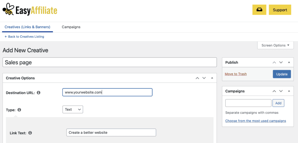 Section de création d'affiliation facile