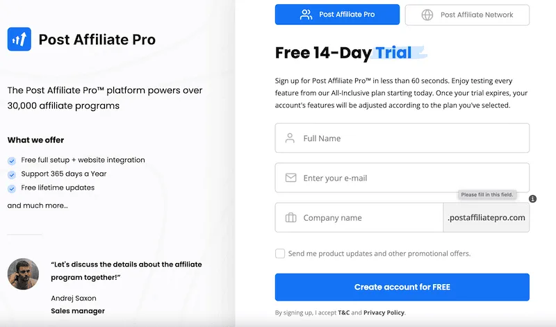 post-signup | Easy Affiliate Post Affiliate Pro signup page.