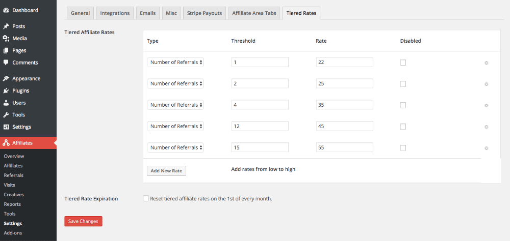 Tarifas de afiliación escalonadas de AffiliateWP