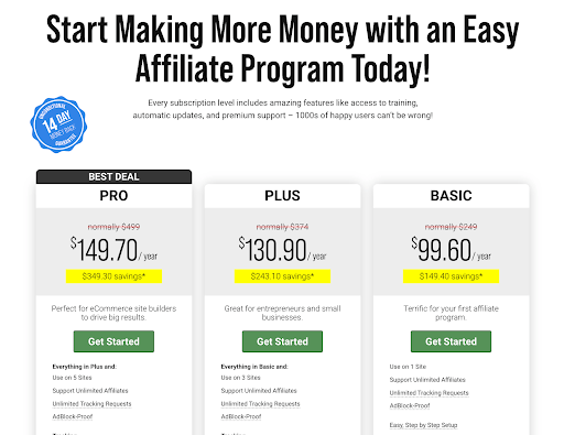 Easy Affiliate pricing table screenshot.