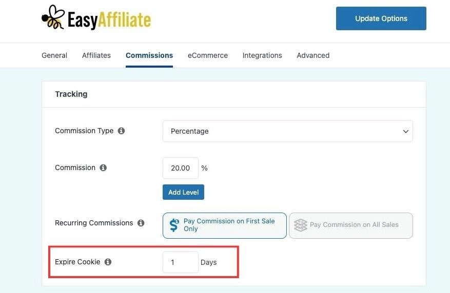 Screenshot showing the Expire Cookie field in the commissions tab of Easy Affiliate
