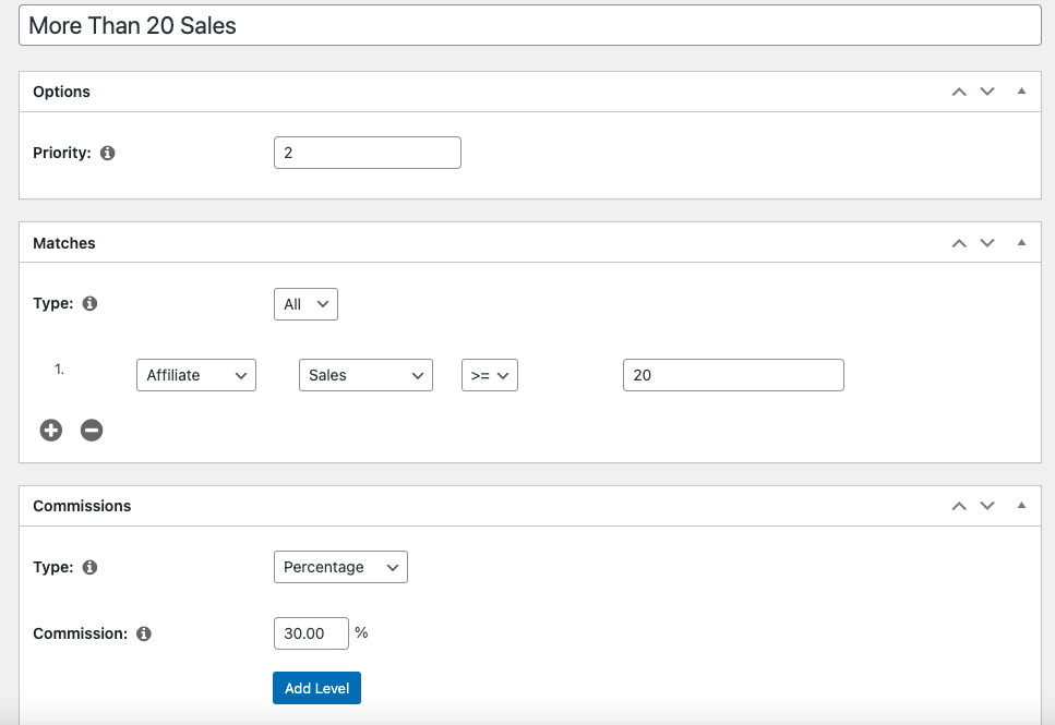 Screenshot demonstrating the Easy Affiliate Commission Rules add-on