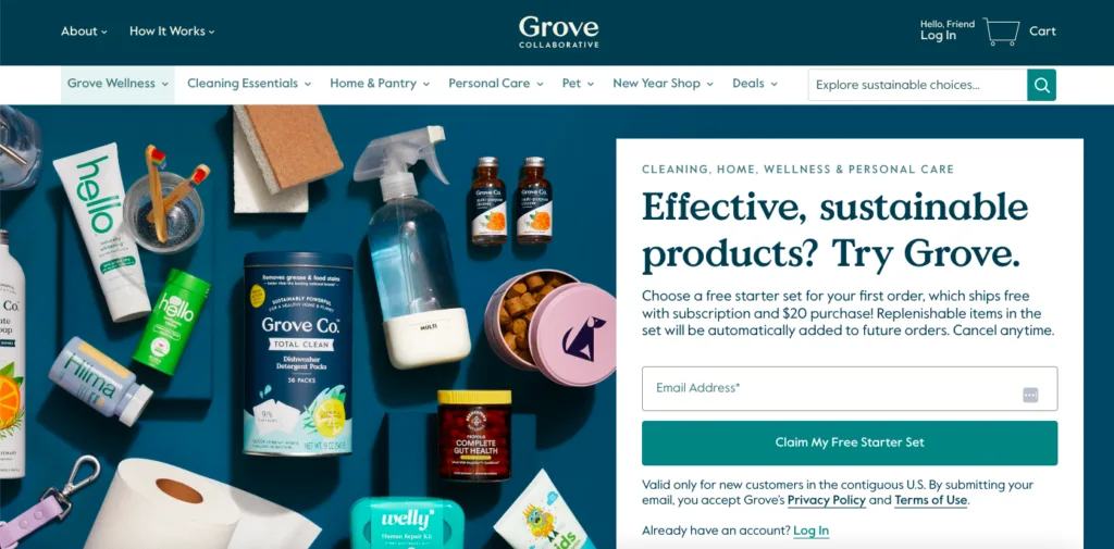 Grove Negócio colaborativo de comércio eletrônico de caixas de assinatura | Easy Affiliate Captura de tela do negócio de comércio eletrônico de caixas de assinatura da Grove Collaborative