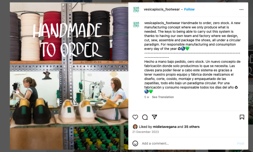Marca de moda lenta VesicaPiscis | Easy Affiliate Captura de tela de uma publicação no Instagram do fabricante de calçados Vesica Piscis