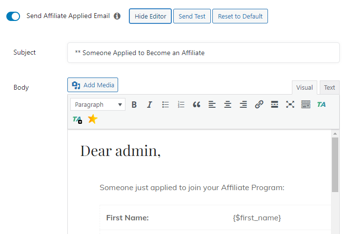 Send Affiliate Applied Email [to admin]