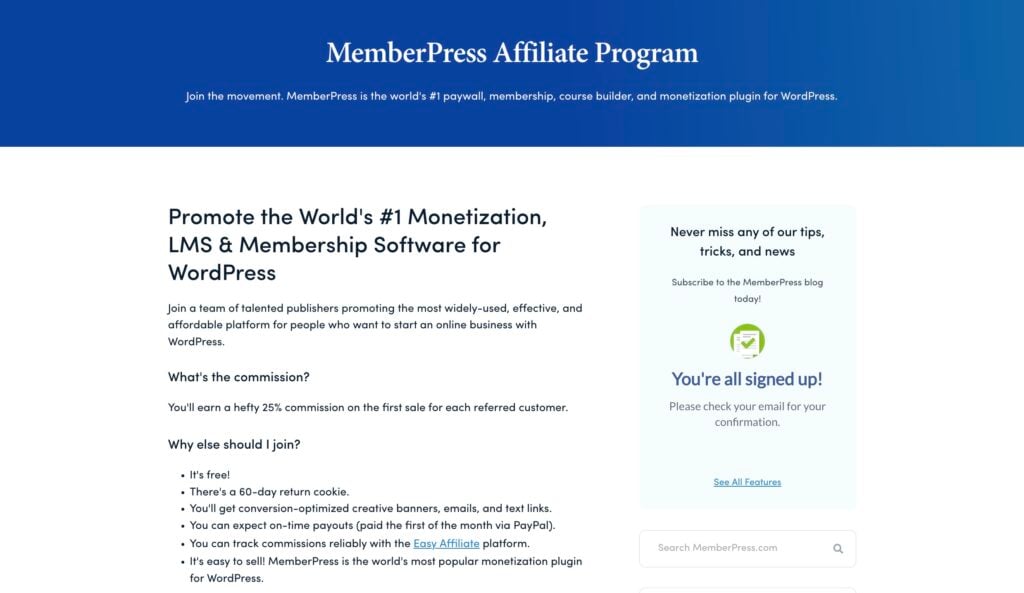 Screenshot of the MemberPress referral program