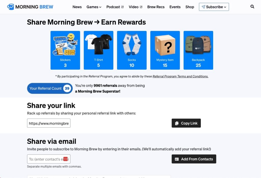Screenshot des Morning Brew Empfehlungsprogramms