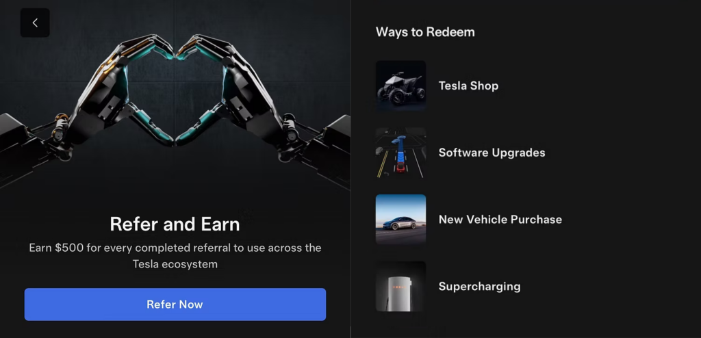 Screenshot of the Tesla referral program